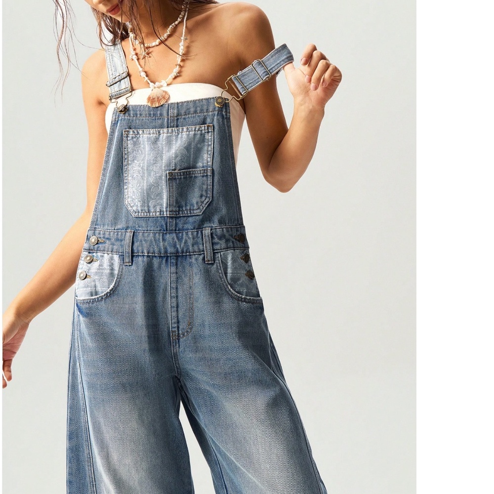 Boho Medium Wash Paisley print Button Wide Leg Denim Bib Overalls - Picture 3 of 7